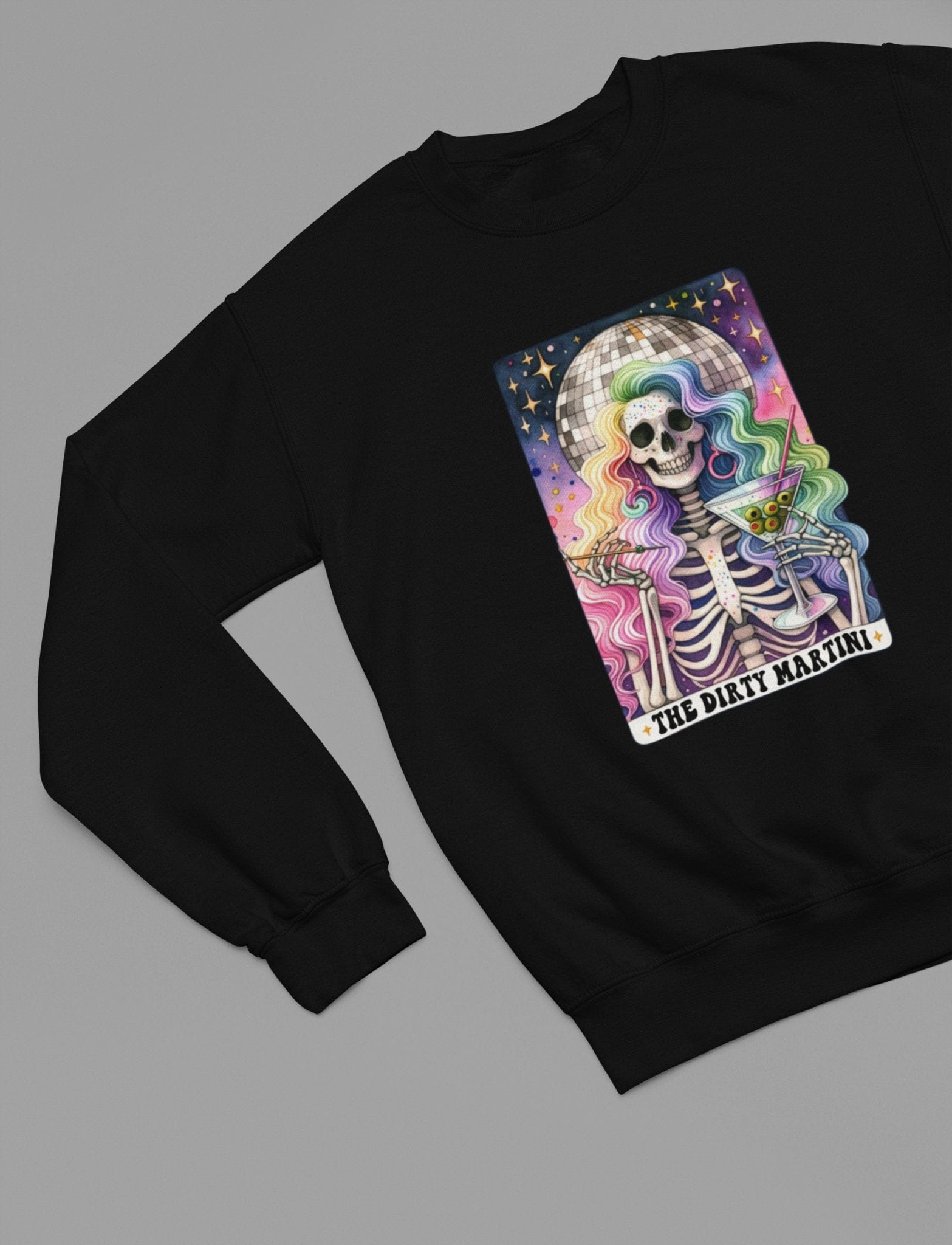 The Dirty Martini Tarot T-Shirt & Sweatshirt | Disco Party Skeleton Graphic Sweatshirt / small / Black gift_idea unique_gift personalised_gift