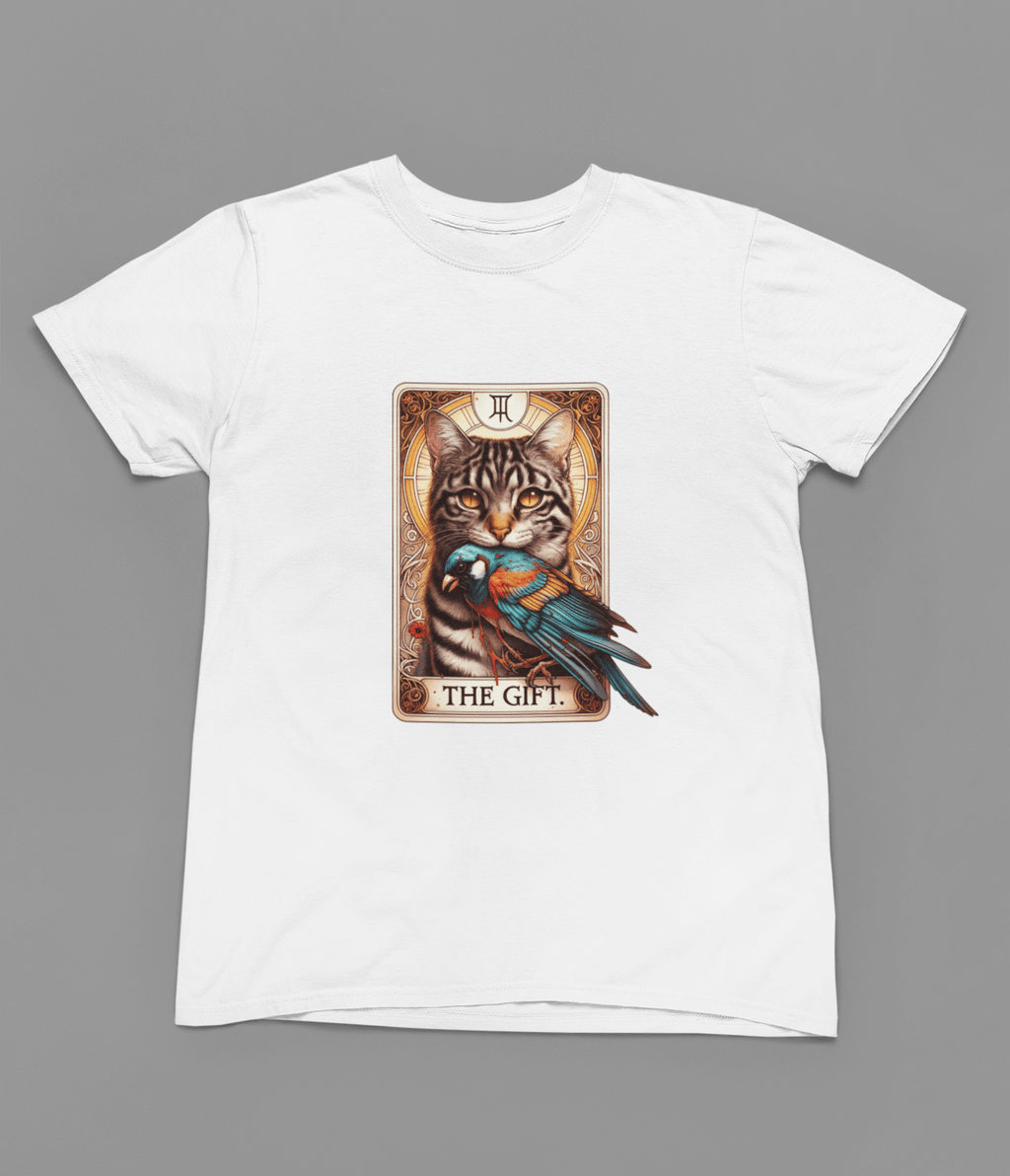 The Gift Tarot T-Shirt & Sweatshirt | Dark Humor Cat Graphic T-Shirt / small / White gift_idea unique_gift personalised_gift