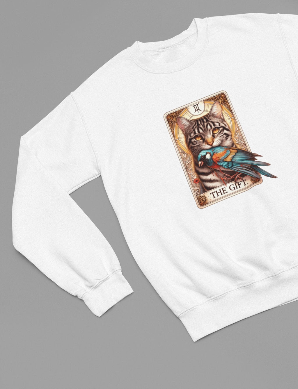 The Gift Tarot T-Shirt & Sweatshirt | Dark Humor Cat Graphic Sweatshirt / small / White gift_idea unique_gift personalised_gift