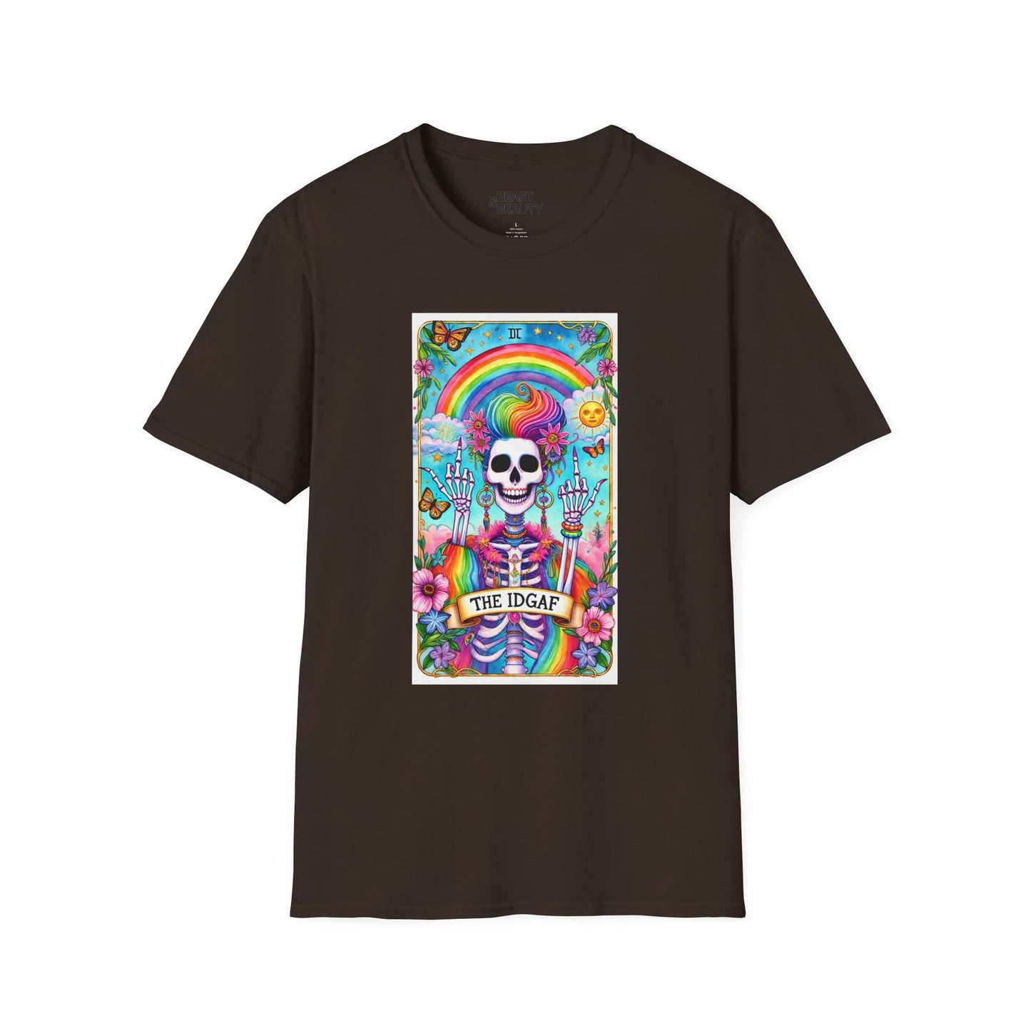 The IDGAF Skeleton Tarot Card Graphic T-Shirt Dark Chocolate / S gift_idea unique_gift personalised_gift