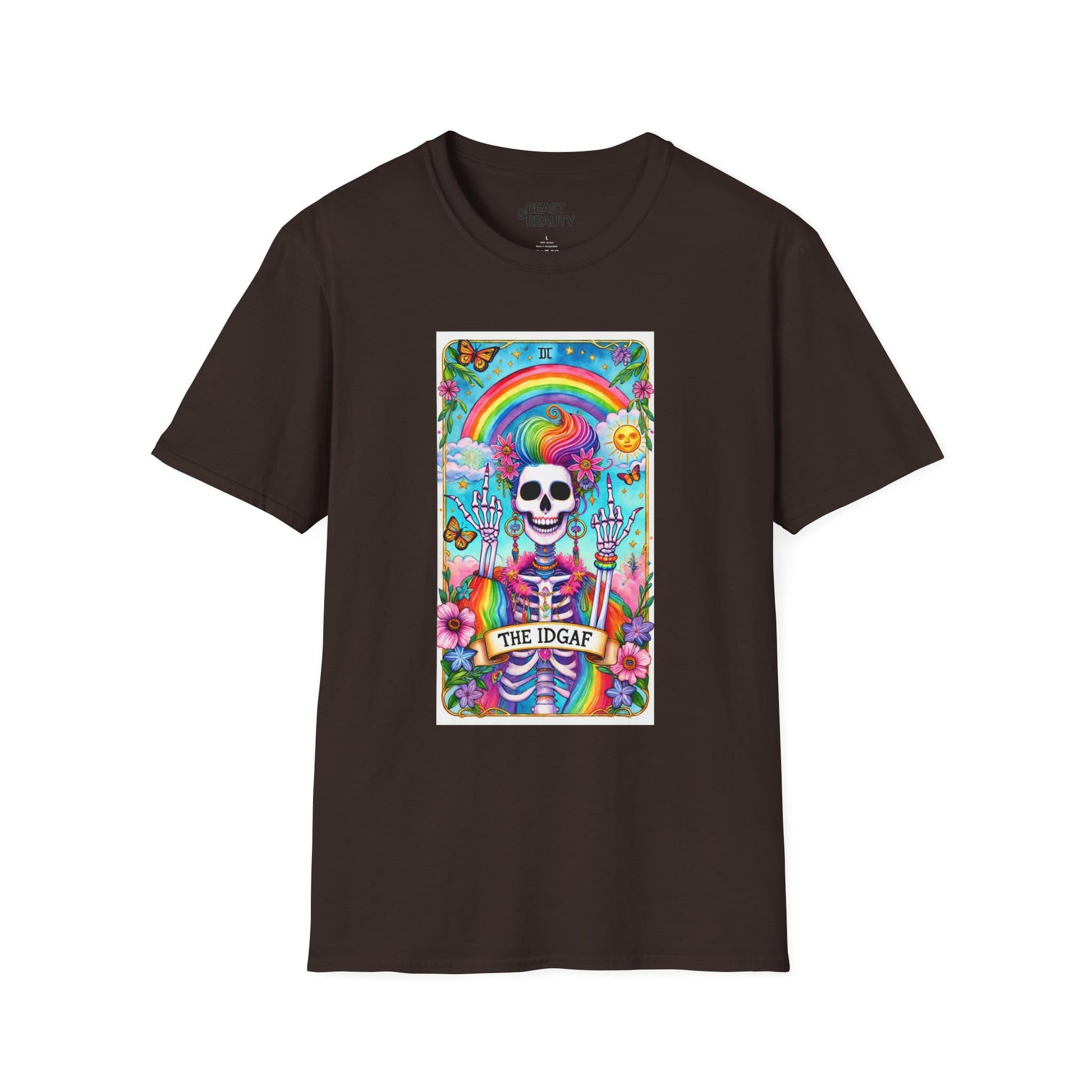 The IDGAF Skeleton Tarot Card Graphic T-Shirt Dark Chocolate / S gift_idea unique_gift personalised_gift