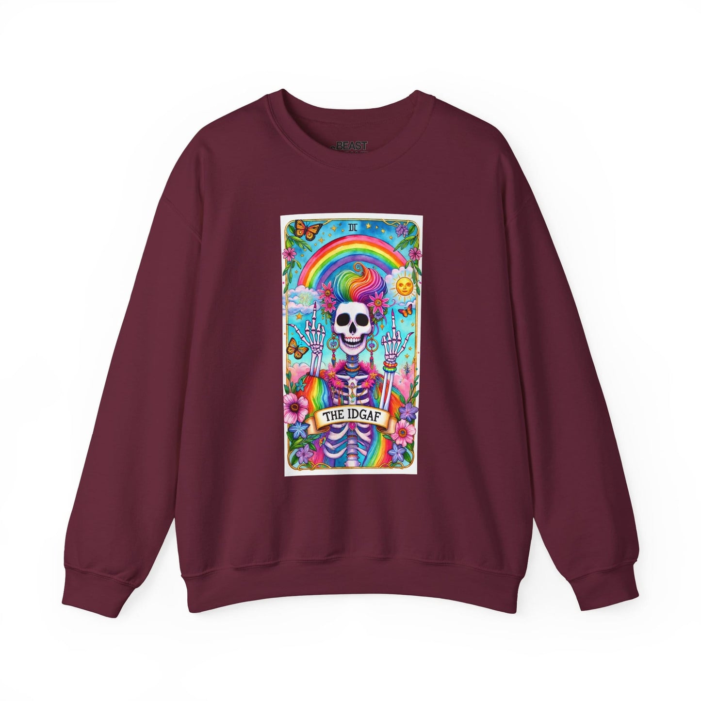 The IDGAF Skeleton Tarot Card Sweatshirt Maroon / S gift_idea unique_gift personalised_gift
