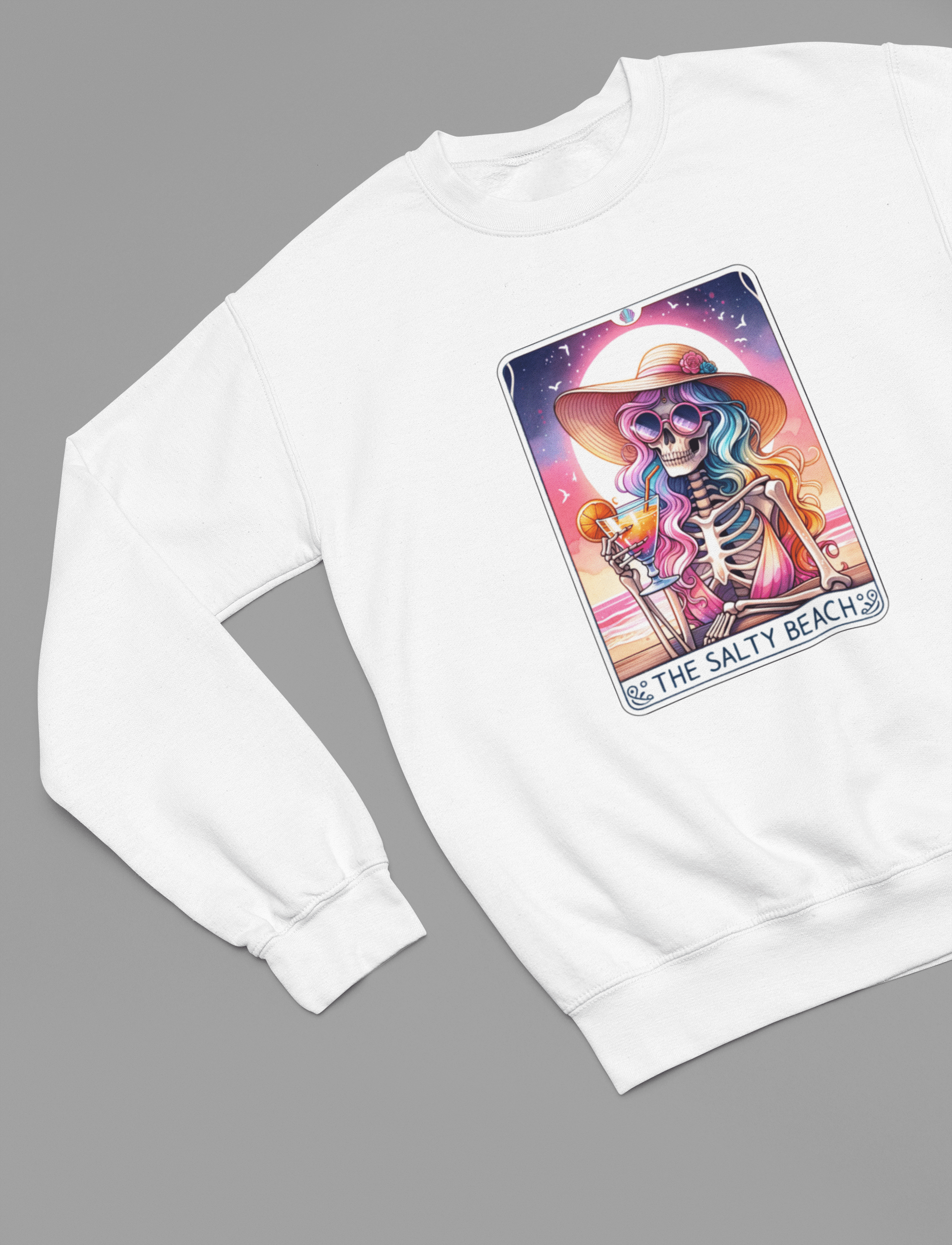 The Salty Beach Tarot Shirt | Funny Skeleton Summer Tee or Sweatshirt Sweatshirt / small / White gift_idea unique_gift personalised_gift