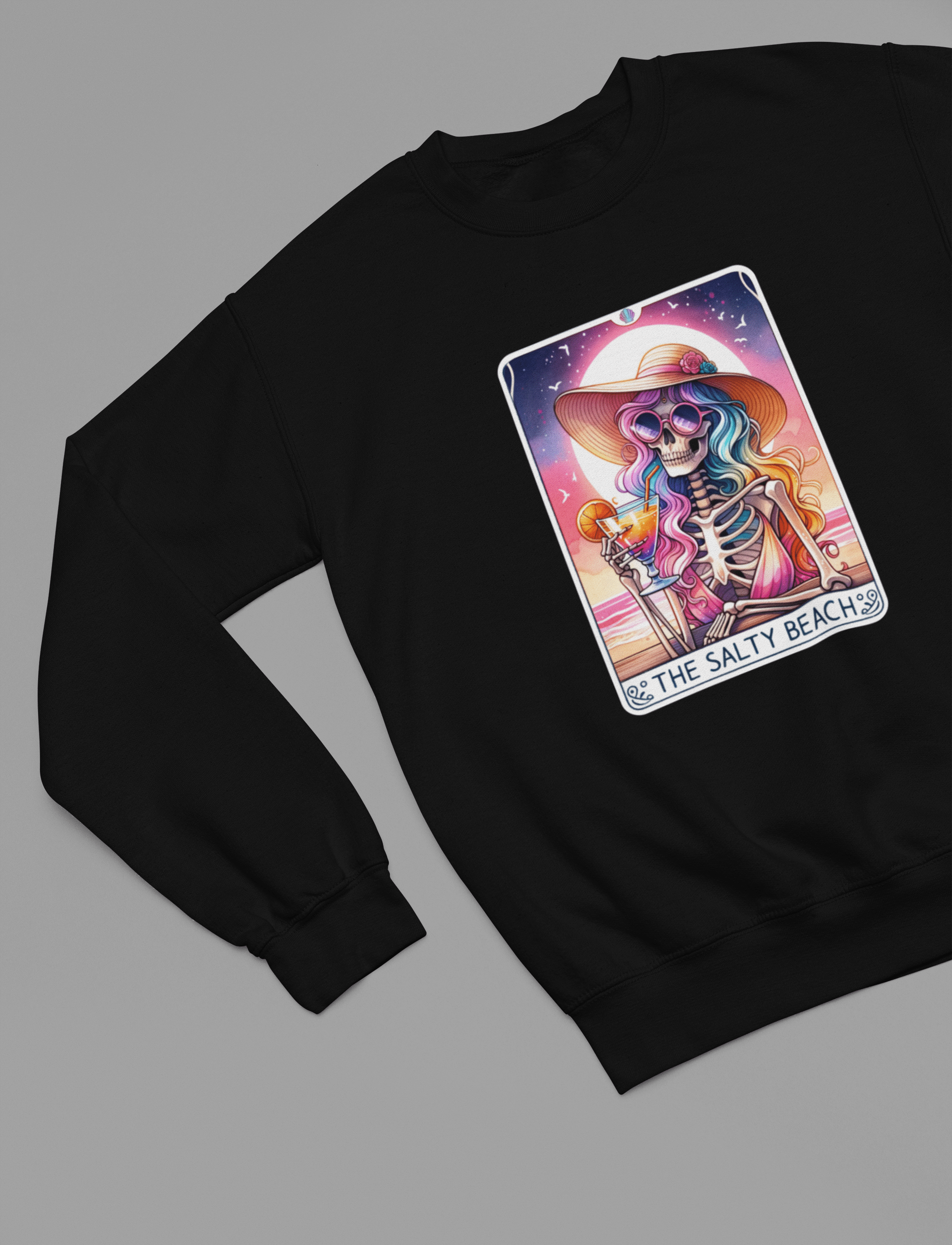 The Salty Beach Tarot Shirt | Funny Skeleton Summer Tee or Sweatshirt Sweatshirt / small / Black gift_idea unique_gift personalised_gift