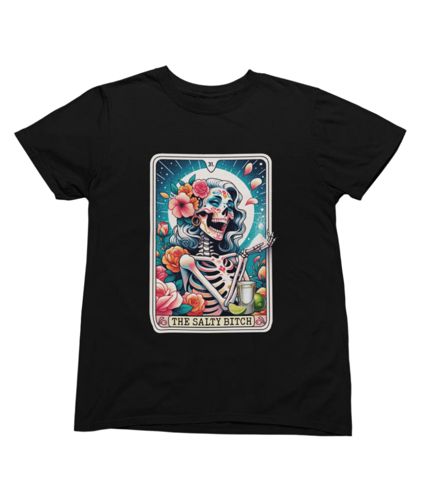 The Salty Bitch Tarot Shirt & Sweatshirt | Tequila Skeleton Floral Tee T-Shirt / small / Black gift_idea unique_gift personalised_gift
