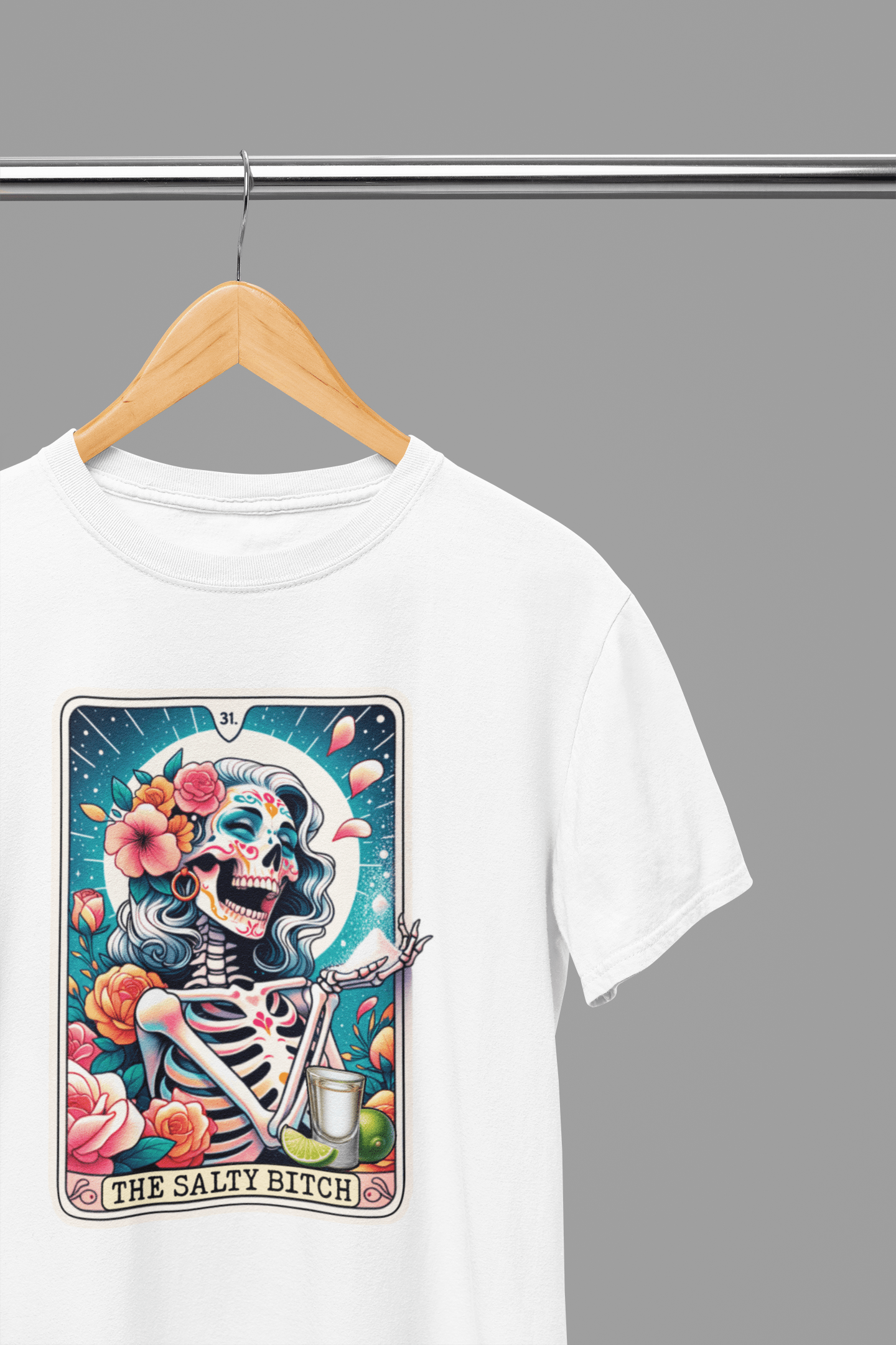 The Salty Bitch Tarot Shirt & Sweatshirt | Tequila Skeleton Floral Tee gift_idea unique_gift personalised_gift