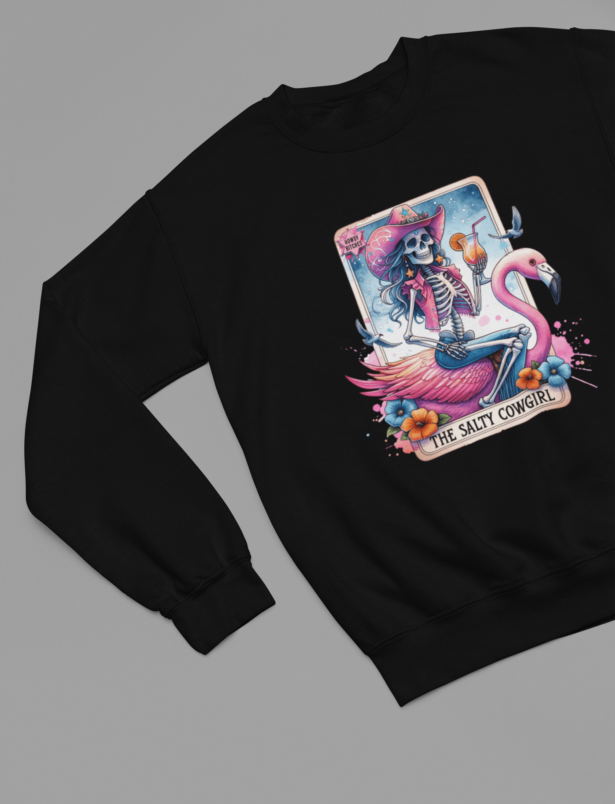 The Salty Cowgirl Tarot Shirt & Sweatshirt | Funny Flamingo Skeleton Tee Sweatshirt / small / Black gift_idea unique_gift personalised_gift
