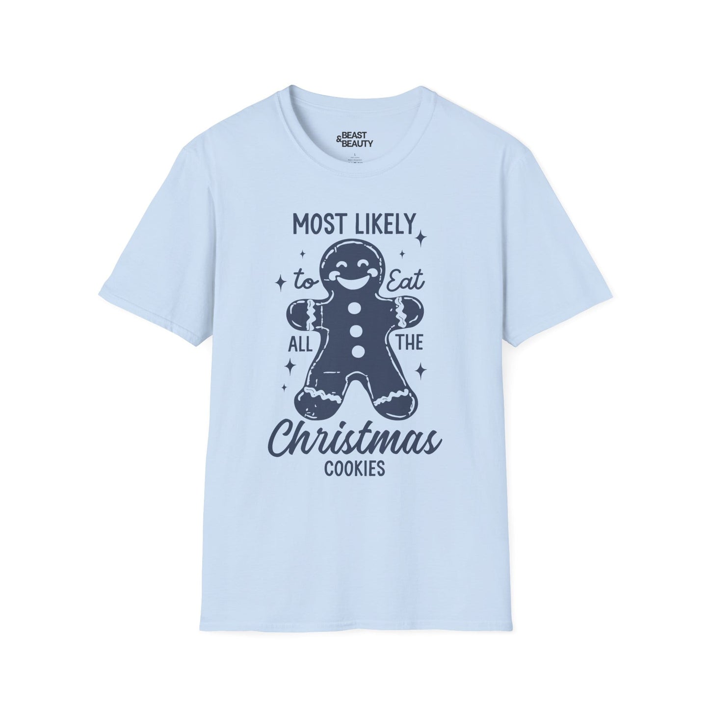 title most likely to eat all the christmas cookies t-shirt light blue t-shirt uk Christmas gift idea