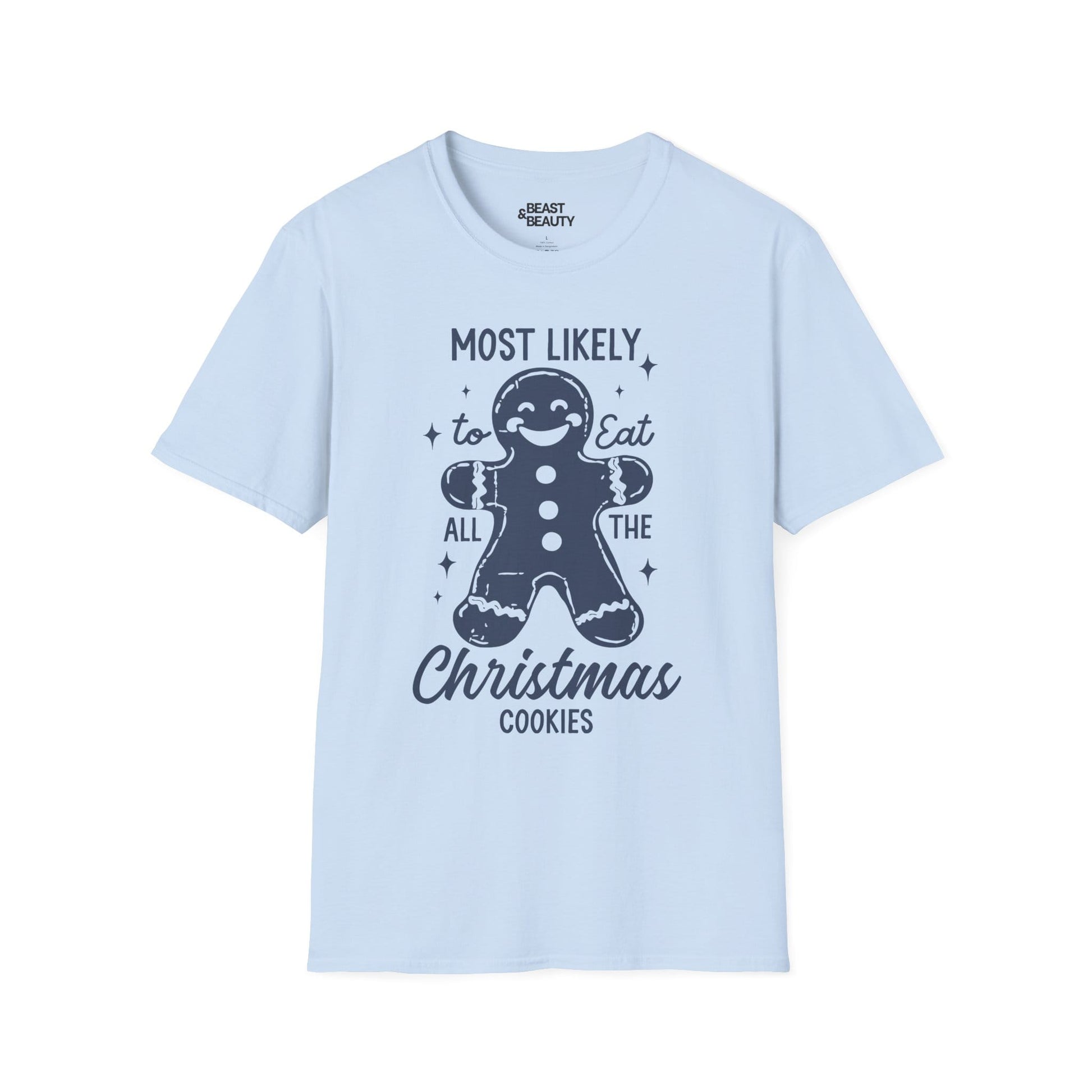 title most likely to eat all the christmas cookies t-shirt light blue t-shirt uk Christmas gift idea