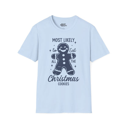 title most likely to eat all the christmas cookies t-shirt light blue t-shirt uk Christmas gift idea