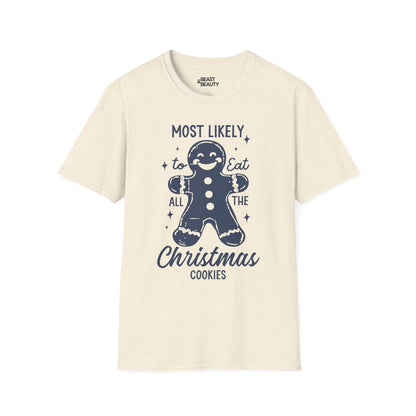title most likely to eat all the christmas cookies t-shirt natural t-shirt uk Christmas gift idea