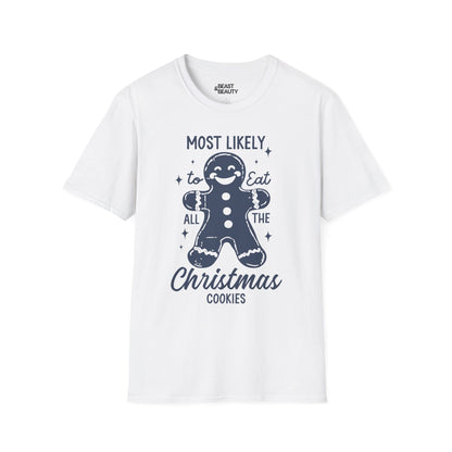 title most likely to eat all the christmas cookies t-shirt white t-shirt uk Christmas gift idea