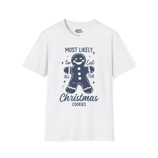 title most likely to eat all the christmas cookies t-shirt white t-shirt uk Christmas gift idea