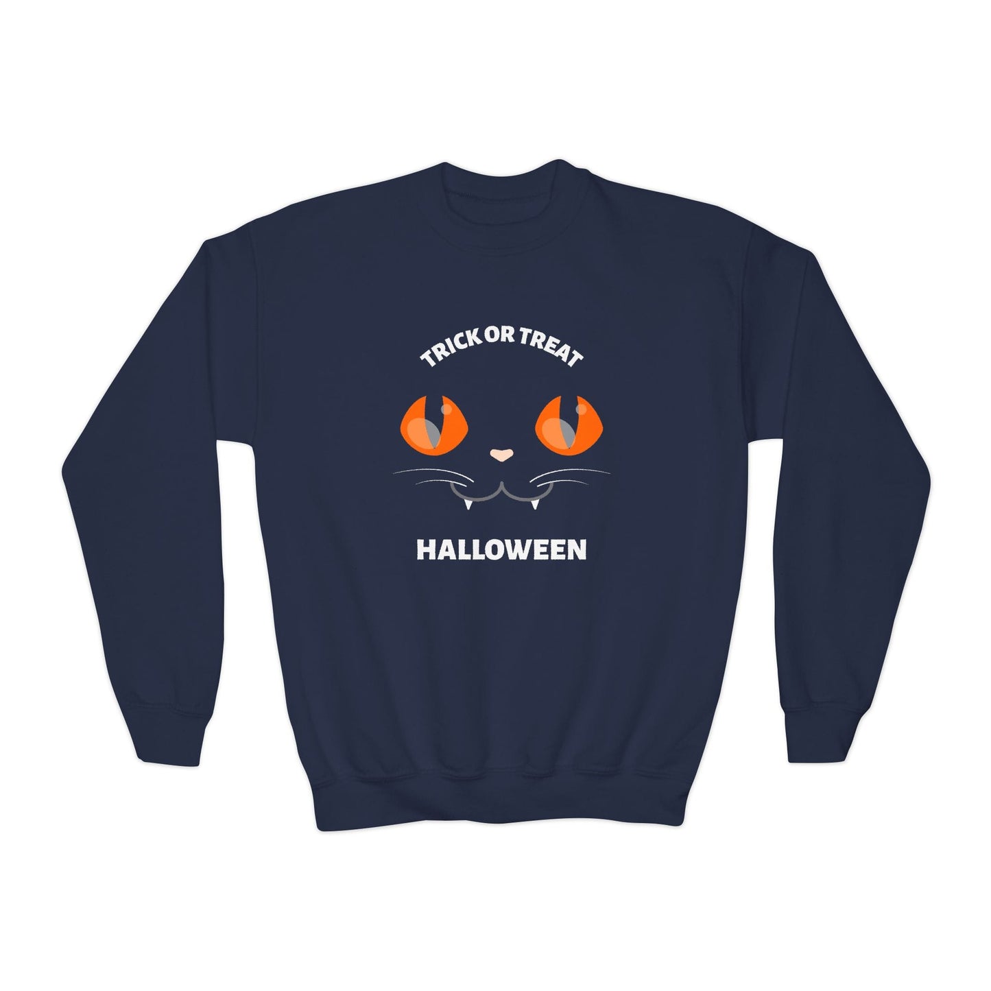 Trick Or Treat Black Cat Kids Halloween Sweatshirt Navy / XS gift_idea unique_gift personalised_gift