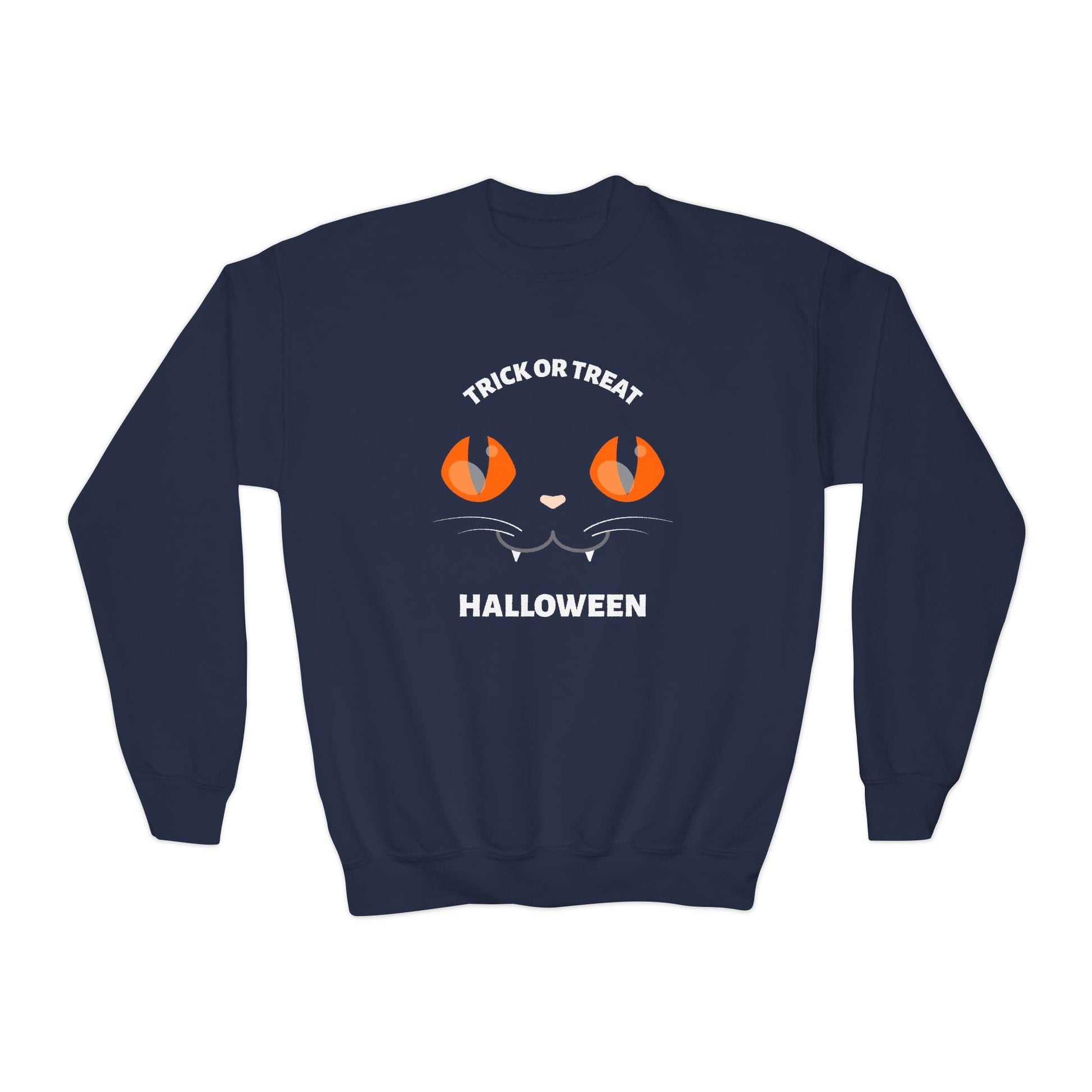 Trick Or Treat Black Cat Kids Halloween Sweatshirt Navy / XS gift_idea unique_gift personalised_gift