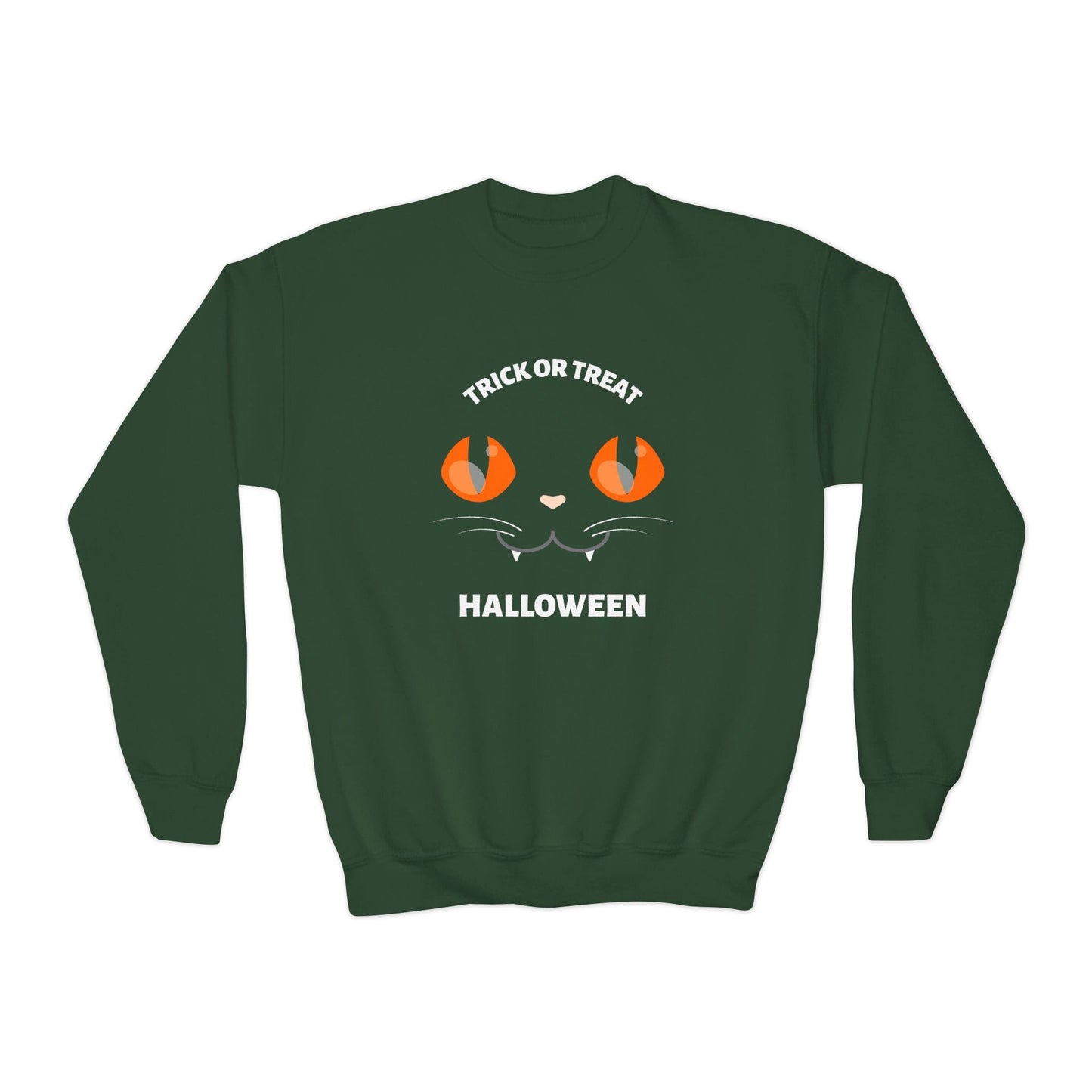 Trick Or Treat Black Cat Kids Halloween Sweatshirt Forest Green / XS gift_idea unique_gift personalised_gift