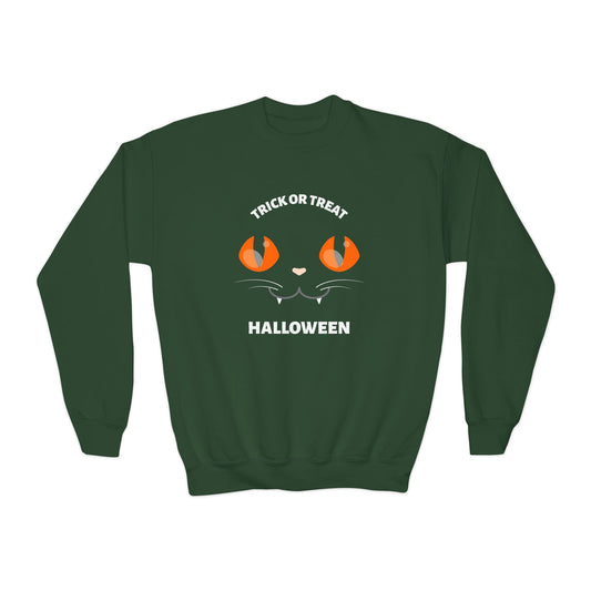 Trick Or Treat Black Cat Kids Halloween Sweatshirt Forest Green / XS gift_idea unique_gift personalised_gift