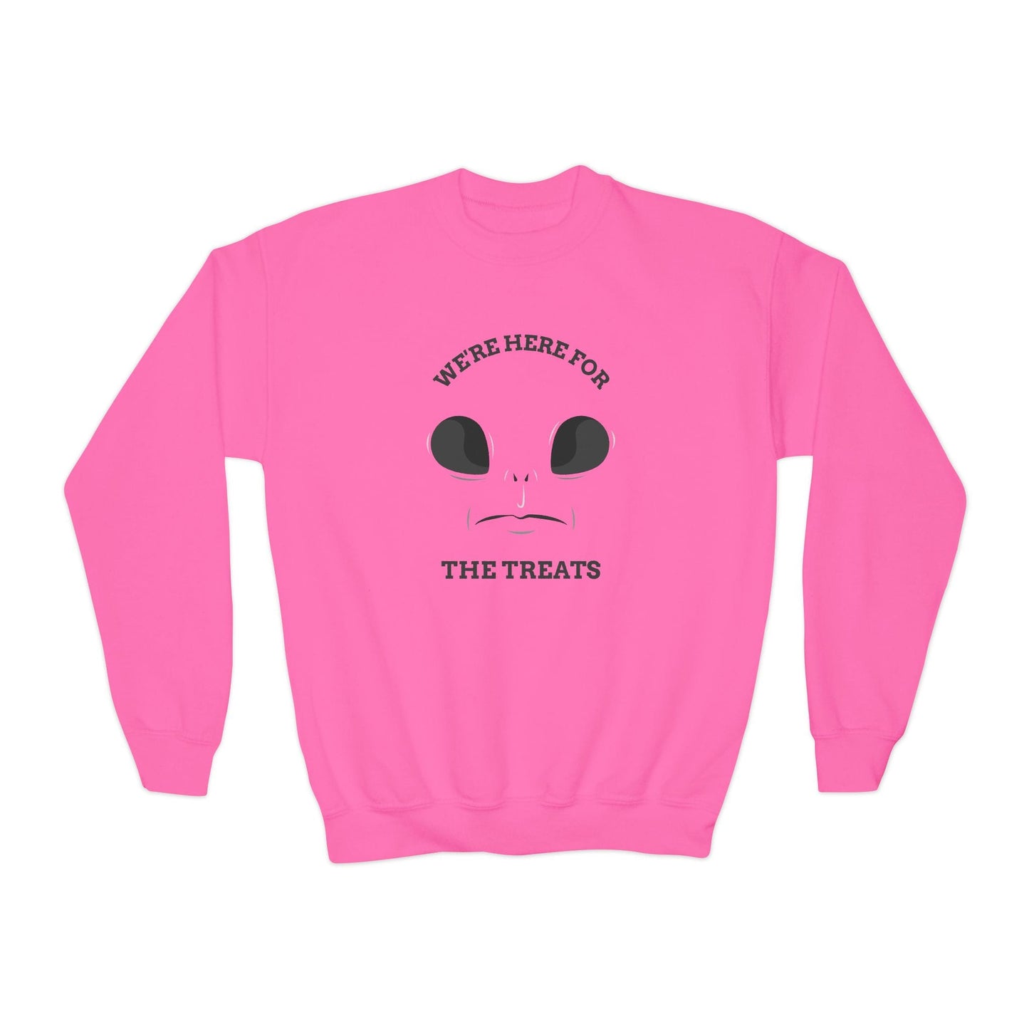 We’re Here For The Treats Kids Halloween Sweatshirt Safety Pink / XS gift_idea unique_gift personalised_gift