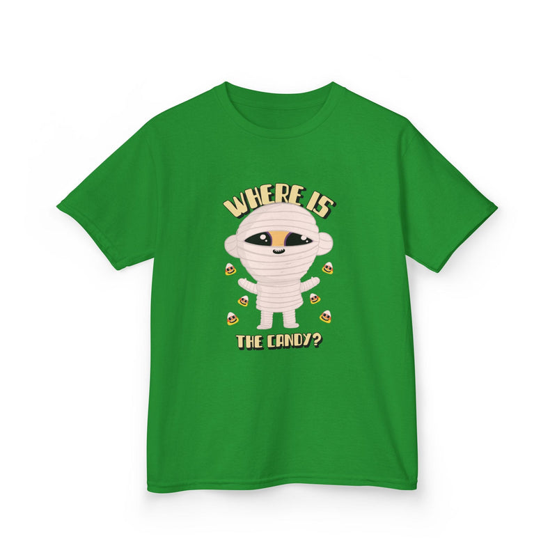 Camiseta infantil "Dónde está el caramelo" con momia de Halloween
