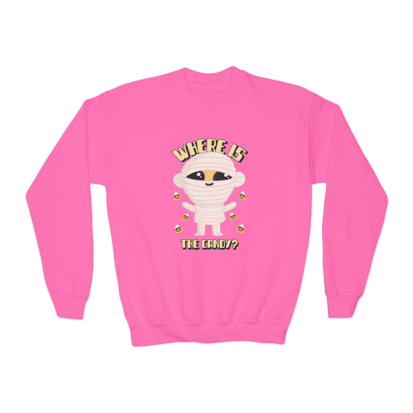 Where Is The Candy Mummy Kids Halloween Sweatshirt Safety Pink / XS gift_idea unique_gift personalised_gift