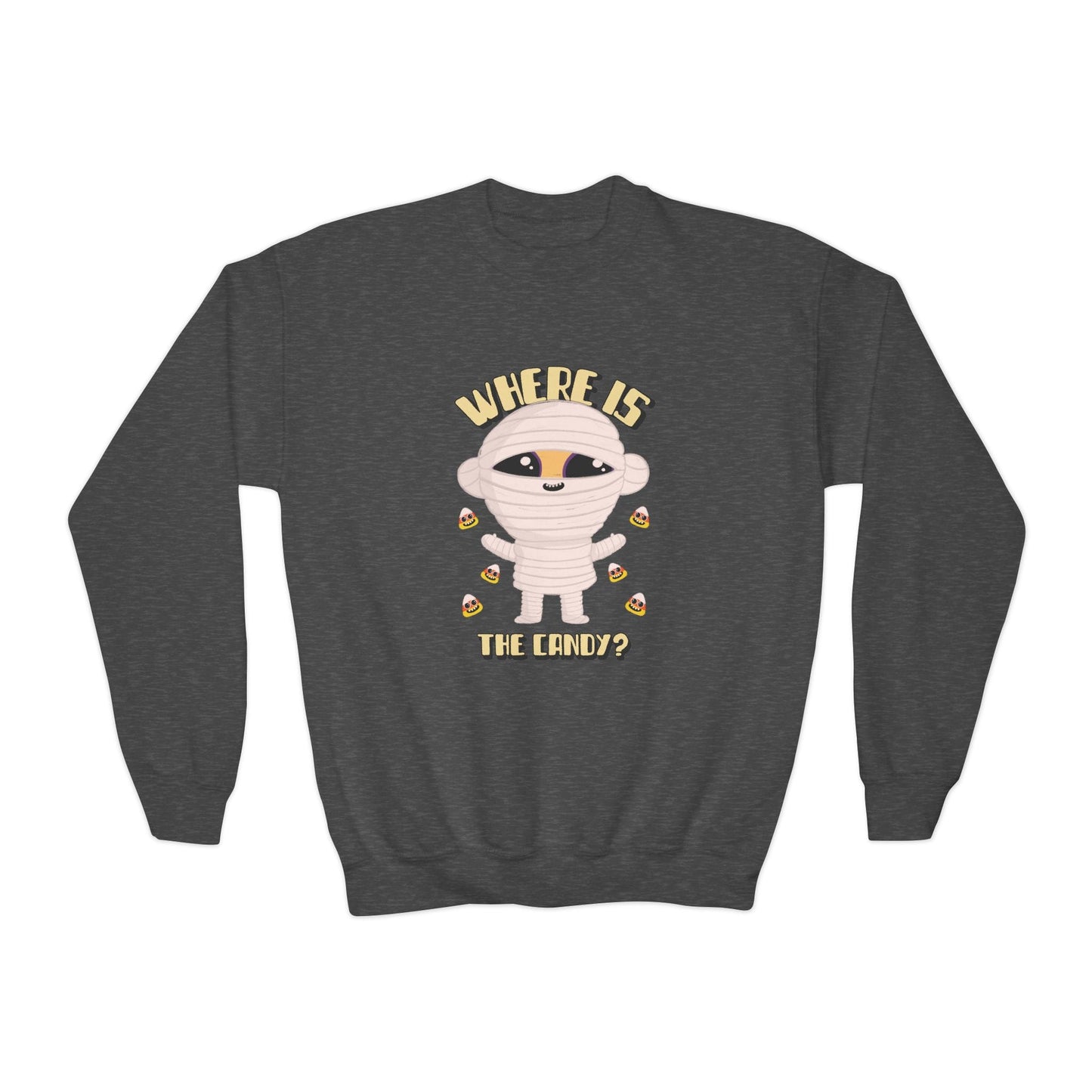 Where Is The Candy Mummy Kids Halloween Sweatshirt Dark Heather / XS gift_idea unique_gift personalised_gift