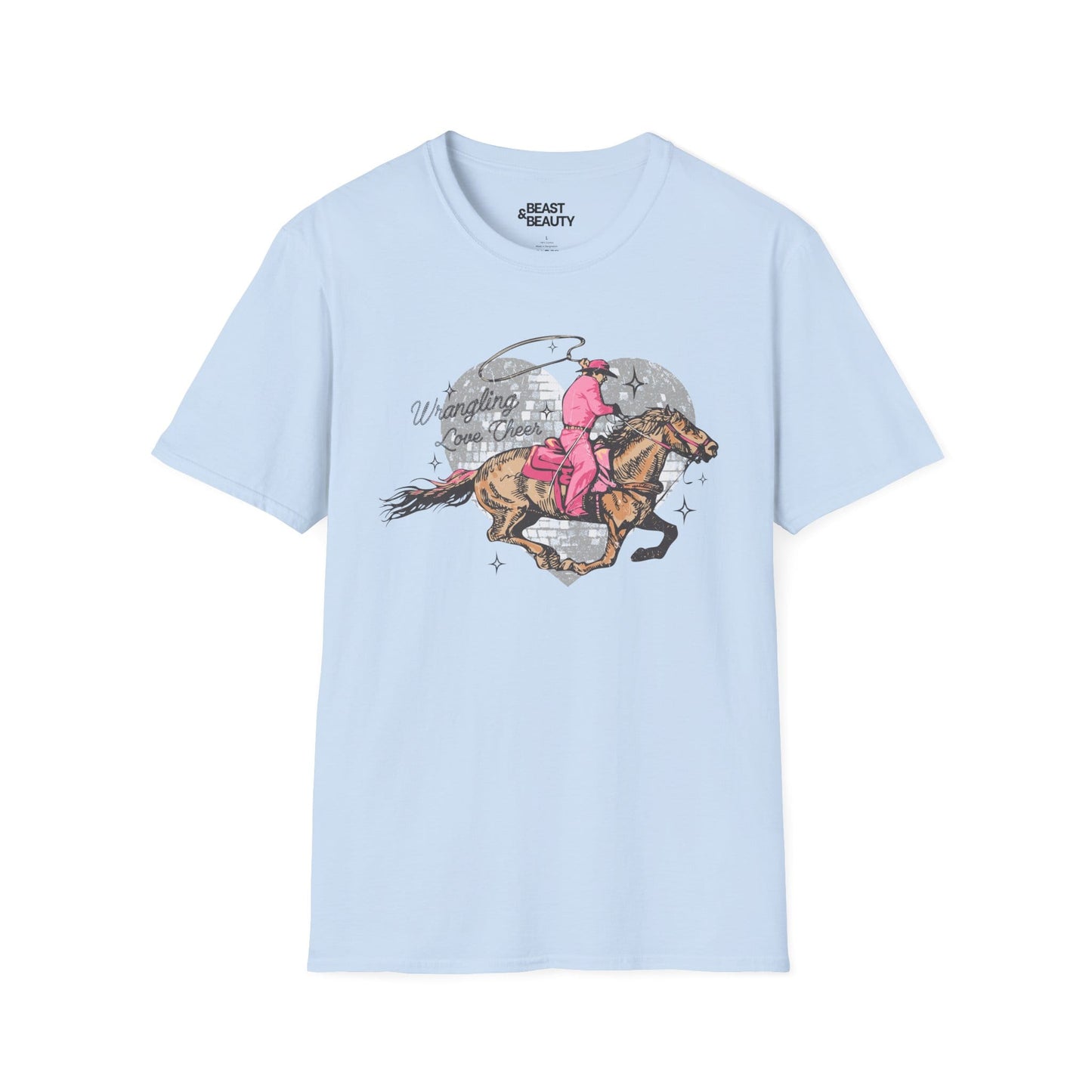 wrangling love cheer cowgirl t-shirt light blue t-shirt uk cowgirl gift idea