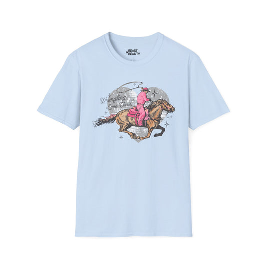 wrangling love cheer cowgirl t-shirt light blue t-shirt uk cowgirl gift idea